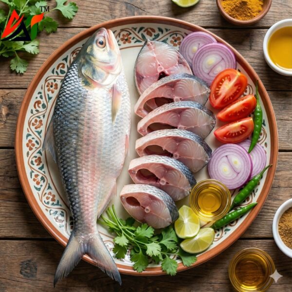 Fresh raw Hilsa fish sliced and whole with onion, green chili, tomato, coriander and cooking oil on a traditional plate