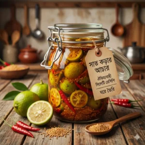 Traditional homemade Satkora achar in glass jar with mustard oil and spices